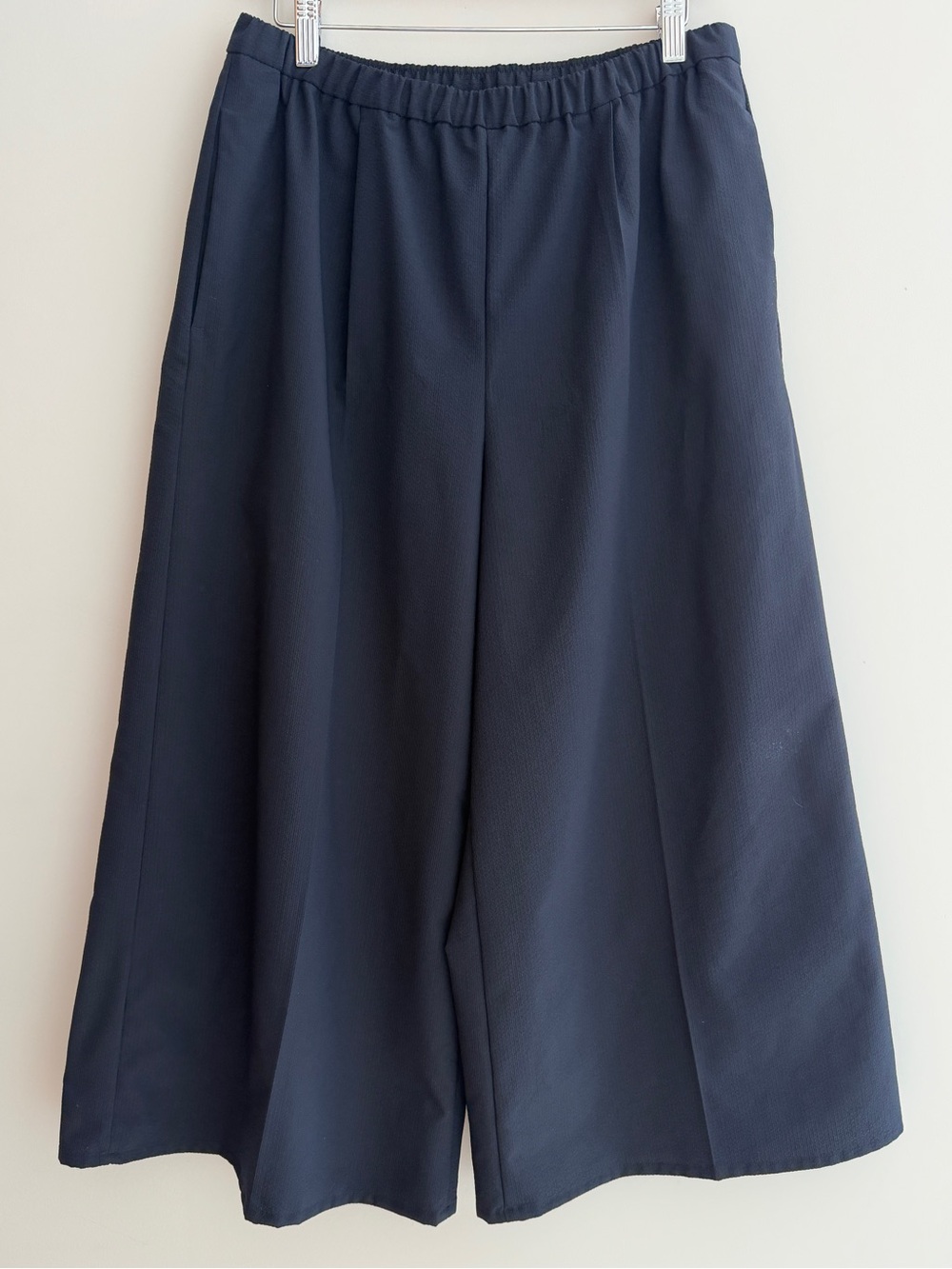 MUJI Navy Blue Wide Leg Pull On Culottes Pockets Minimalist Travel Lagenlook